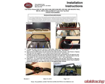 Trail Armor Hard Top Roof Polaris RZR XP 1000 | S900 | S900 EPS | EPS TRAIL | 900 XC | S1000 | XP TURBO 2014-2020 - TAROOF-RZR1000900S