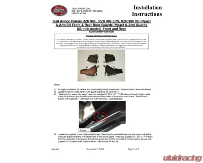 Trail Armor iMpact Front & Rear A-Arm Guards Polaris RZR 900 2015-2020 - TA011ARMIMP-RZR90015