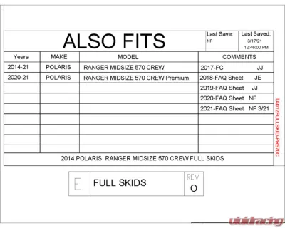 Trail Armor Full Skids w/ Center Polaris Ranger Midsize Crew 570 2014-2021 - TA012FULLSKID-PR570C centers