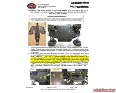 Trail Armor Full Skids w/ Center Polaris RZR 2015-2020 - TA012FULLSKID-RZR900S centers