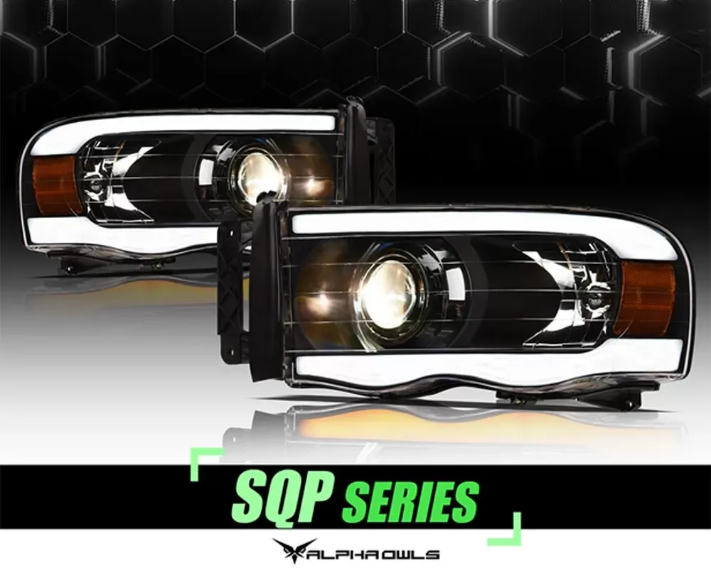 Alpha Owls SQP Series Projector Headlights (Halogen Projector Black housing w/ Sequential Signal/LumenX Light Bar) Dodge Ram 1500 | 2500 | 3500 2002-2005 - 8708125