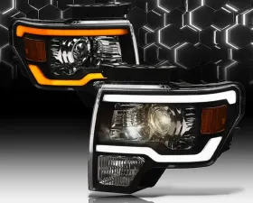 Alpha Owls SQP Series Headlights (Halogen Projector Black housing w/ Sequential Signal/LumenX Light Bar) Ford F-150 2009-2014