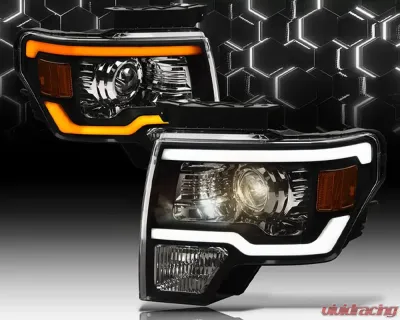 Alpha Owls SQP Series Headlights (Halogen Projector Black housing w/ Sequential Signal/LumenX Light Bar) Ford F-150 2009-2014 - 8709795