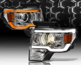 Alpha Owls SQP Series Headlights (Halogen Projector Chrome housing w/ Sequential Signal/LumenX Light Bar) Ford F-150 2009-2014