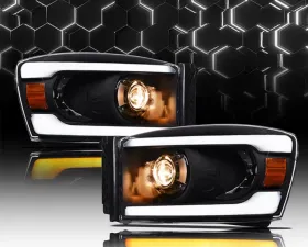 Alpha Owls SQP Series Headlights (Halogen Projector Black housing w/ Sequential Signal/LumenX Light Bar) Dodge Ram | 2500 | 3500 2006-2009