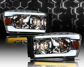 Alpha Owls SQP Series Headlights (Halogen Projector Chrome housing w/ Sequential Signal/LumenX Light Bar) Dodge Ram | 2500 | 3500 2006-2009