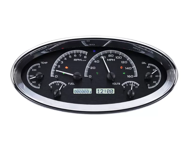 Dakota Digital Universal Oval VHX System Black Alloy Style Face White Display - VHX-1017-K-W