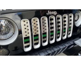 American Car Craft Thin Green Line Brushed Stainless Steel Front American Flag Grille Jeep Wrangler JK 2007-2018