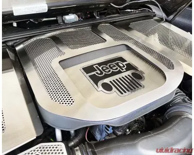 American Car Craft Blue LED V6 Engine Shroud w/Polished Perforation Jeep Logo Black Carbon Fiber Jeep Wrangler JK 2007-2018 - ACC-143008-BLUL