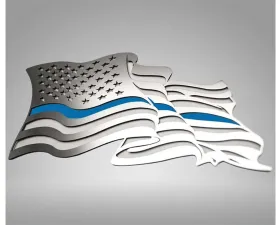 American Car Craft 1-Piece Stainless Steel Brushed Thin Blue Line Flowing American Flag Emblem