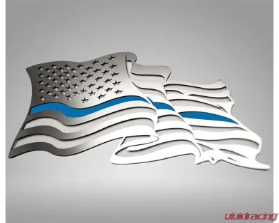 American Car Craft 1-Piece Stainless Steel Brushed Thin Blue Line Flowing American Flag Emblem - ACC-142047