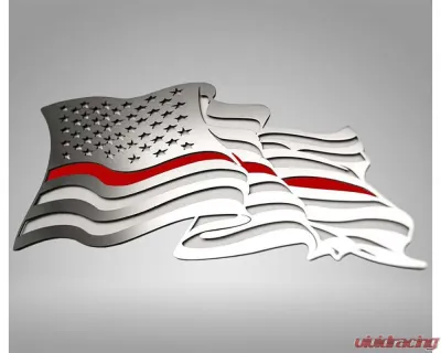 American Car Craft 1-Piece Stainless Steel Brushed Thin Red Line Flowing American Flag Emblem - ACC-142048