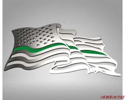 American Car Craft 1-Piece Stainless Steel Brushed Thin Green Line Flowing American Flag Emblem - ACC-142049