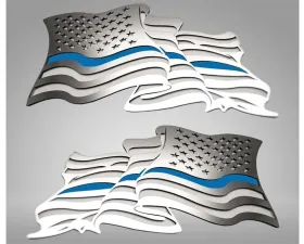 American Car Craft 2-Piece Stainless Steel Brushed Thin Blue Line Flowing American Flag Emblem
