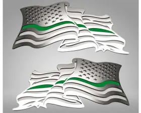 American Car Craft 2-Piece Stainless Steel Brushed Thin Green Line Flowing American Flag Emblem