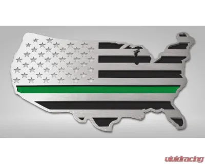 American Car Craft 1-Piece Stainless Steel Brushed Thin Green Line USA Map Flag Emblem ACC-142066 - ACC-142066