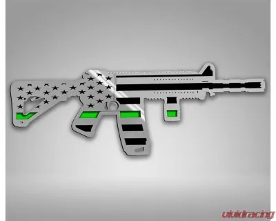 American Car Craft 1-Piece 10" Stainless Steel Brushed Thin Green Line Gun Safe Emblem - AR15 Gun w/Laser Cut Flag Motif - ACC-172062