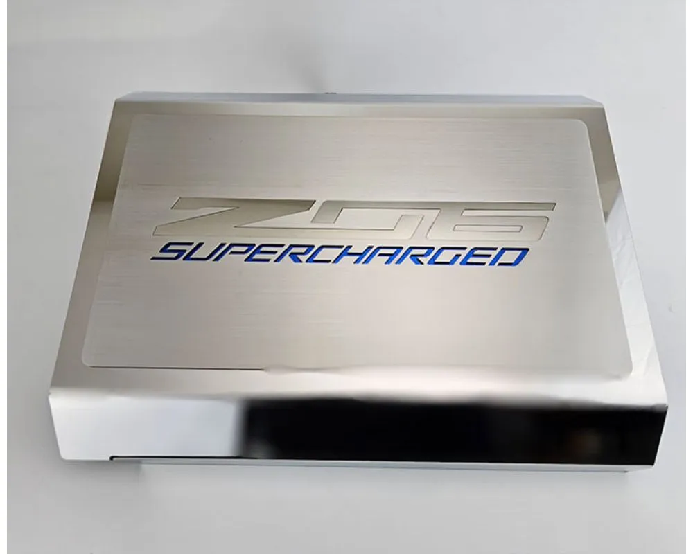 American Car Craft Blue Fuse Box Cover w/ Brushed Z06 Top Plate | Polished Stainless Steel Chevrolet Corvette C7 ZO6 2014-2019 - ACC-053134-BLU