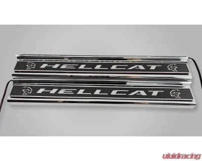 American Car Craft Carbon Fiber Polished Front Door Sills w/ "Hellcat" Brushed Lettering (Green LED) Dodge Charger 2015-2024 - ACC-331102-GRNL
