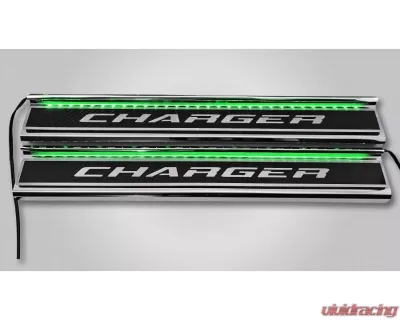 American Car Craft Carbon Fiber Polished Front Door Sills w/ "Charger" Brushed Lettering (Green LED) Dodge Charger 2015-2024 - ACC-331103-GRNL