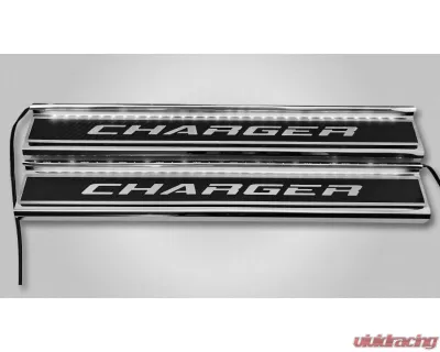 American Car Craft Carbon Fiber Polished Front Door Sills w/ "Charger" Brushed Lettering (White LED) Dodge Charger 2015-2024 - ACC-331103-WHTL
