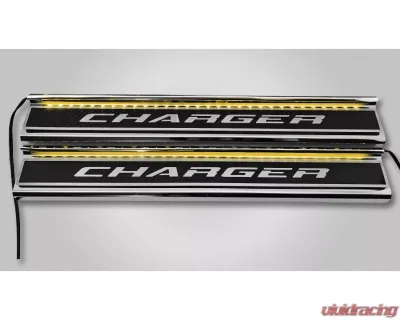 American Car Craft Carbon Fiber Polished Front Door Sills w/ "Charger" Brushed Lettering (Yellow LED) Dodge Charger 2015-2024 - ACC-331103-YLWL