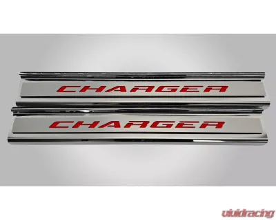 American Car Craft Polished Stainless Front Door Sills w/ "Charger" Top Plate (Red Carbon Fiber) Dodge Charger 2015-2024 - ACC-331104-RD