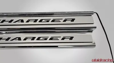 American Car Craft Polished Stainless Front Door Sills w/ "Charger" Top Plate (Plum Crazy) Dodge Charger 2015-2024 - ACC-331104-PCP