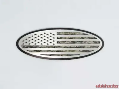 American Car Craft Black Brushed Stainless Steel w/ Brushed American Flag Top Plate Digital Desert Camo Tailgate Emblem Replacement Ford Bronco 2021-2024 - ACC-662004-DGDESERT