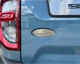 American Car Craft Black Brushed Stainless Steel w/ Brushed American Flag Top Plate Multicam Woodland Camo Tailgate Emblem Replacement Ford Bronco 2021-2024