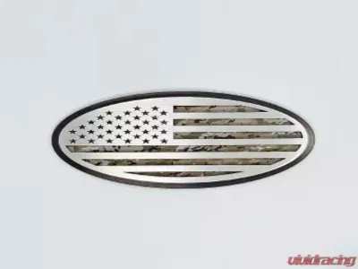 American Car Craft Black Brushed Stainless Steel w/ Brushed American Flag Top Plate Multicam Woodland Camo Tailgate Emblem Replacement Ford Bronco 2021-2024 - ACC-662004-MULTIWDL