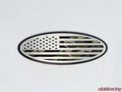 American Car Craft Black Brushed Stainless Steel w/ Brushed American Flag Top Plate Woodland Camo Tailgate Emblem Replacement Ford Bronco 2021-2024 - ACC-662004-WOODLAND