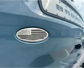 American Car Craft Polished Stainless Base w/ Brushed American Flag Top Plate Black Carbon Fiber Tailgate Emblem Replacement Ford Bronco 2021-2024