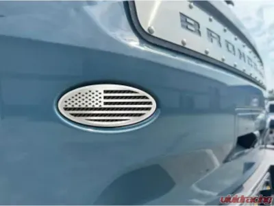 American Car Craft Polished Stainless Base w/ Brushed American Flag Top Plate Black Carbon Fiber Tailgate Emblem Replacement Ford Bronco 2021-2024 - ACC-662005-BLK