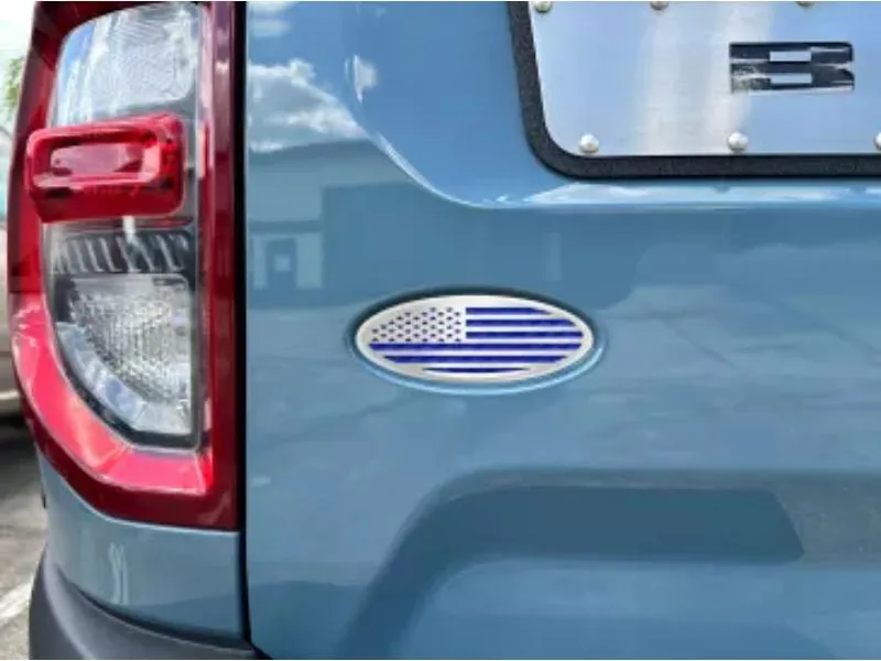 American Car Craft Polished Stainless Base w/ Brushed American Flag Top Plate Blue Carbon Fiber Tailgate Emblem Replacement Ford Bronco 2021-2024 - ACC-662005-BLU