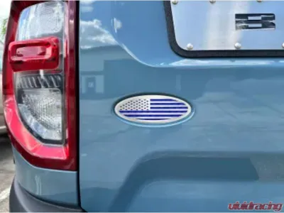American Car Craft Polished Stainless Base w/ Brushed American Flag Top Plate Blue Carbon Fiber Tailgate Emblem Replacement Ford Bronco 2021-2024 - ACC-662005-BLU