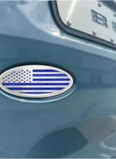 American Car Craft Polished Stainless Base w/ Brushed American Flag Top Plate Blue Carbon Fiber Tailgate Emblem Replacement Ford Bronco 2021-2024                                     - ACC-662005-BLU - Image 2