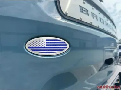 American Car Craft Polished Stainless Base w/ Brushed American Flag Top Plate Blue Carbon Fiber Tailgate Emblem Replacement Ford Bronco 2021-2024 - ACC-662005-BLU