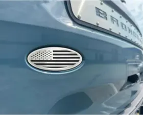 American Car Craft Polished Stainless Base w/ Brushed American Flag Top Plate Solid Black Tailgate Emblem Replacement Ford Bronco 2021-2024