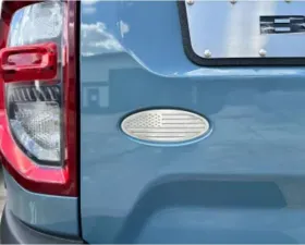 American Car Craft Polished Stainless Base w/ Brushed American Flag Top Plate White Carbon Fiber Tailgate Emblem Replacement Ford Bronco 2021-2024