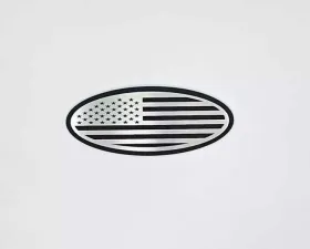 American Car Craft Tailgate Emblem Replacement- Black ABS Base  w/ Brushed American Flag Top Plate Ford F150 2005-2014