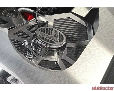 American Car Craft Brushed Trim with Insert Flag Stainless Steel Carbon Fiber Shock Tower Covers Chevrolet C8 Corvette Coupe 2020-2024 - ACC-883041