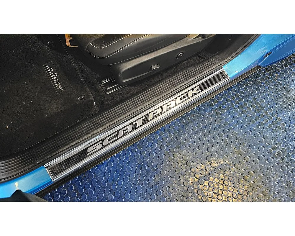 American Car Craft Carbon Fiber Door Sills w/Scat Pack Brushed Lettering w/Green LED 2pc Dodge Challenger 2015-2024 - ACC-151083-GRNL