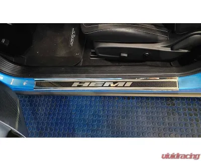 American Car Craft Carbon Fiber Door Sills w/HEMI Brushed Lettering w/Green LED Illumination 2pc Dodge Challenger 2015-2024 - ACC-151085-GRNL
