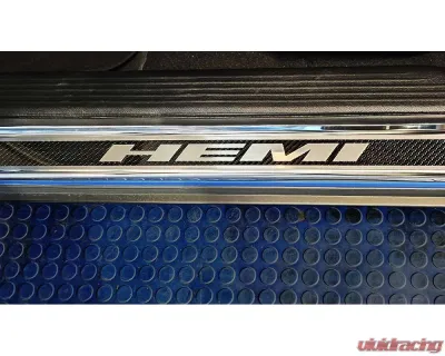 American Car Craft Carbon Fiber Door Sills w/HEMI Brushed Lettering w/Green LED Illumination 2pc Dodge Challenger 2015-2024 - ACC-151085-GRNL