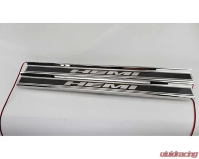 American Car Craft Carbon Fiber Door Sills w/HEMI Brushed Lettering w/Green LED Illumination 2pc Dodge Challenger 2015-2024 - ACC-151085-GRNL