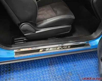 American Car Craft Carbon Fiber Door Sills w/HEMI Brushed Lettering w/Green LED Illumination 2pc Dodge Challenger 2015-2024 - ACC-151085-GRNL
