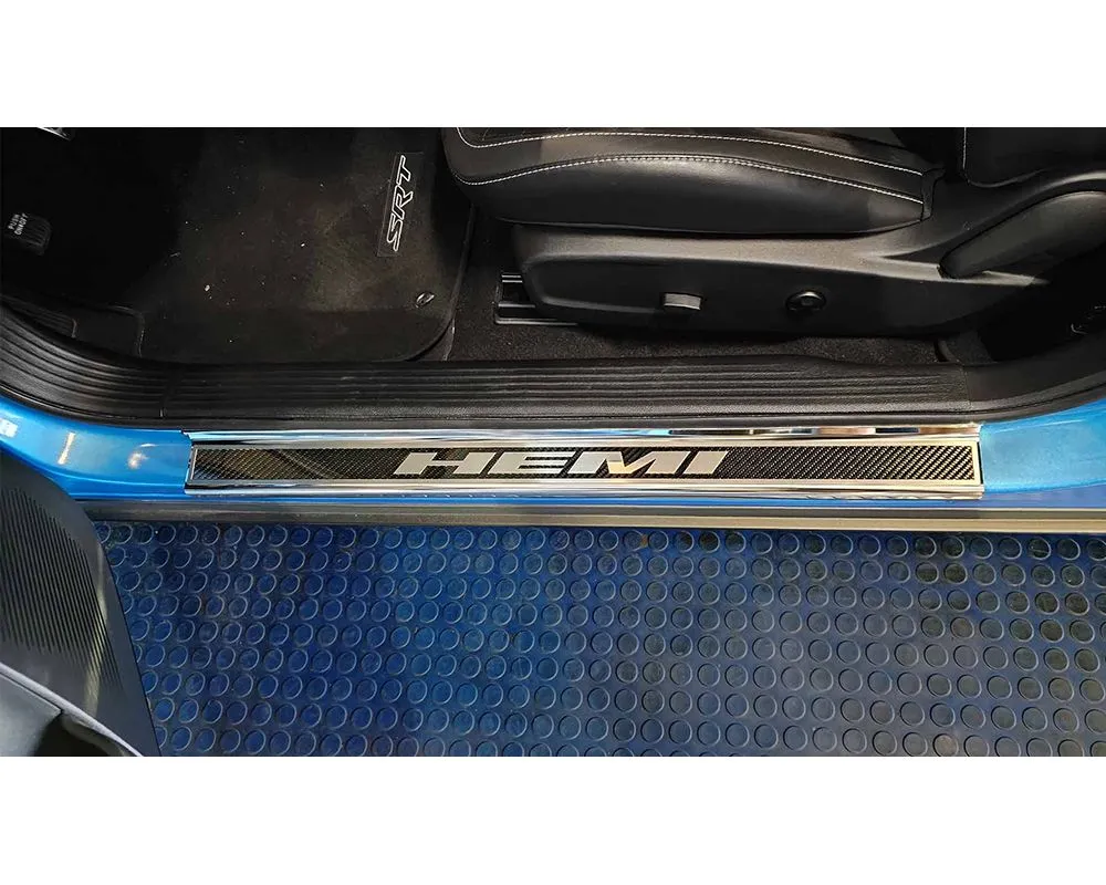 American Car Craft Carbon Fiber Door Sills w/HEMI Brushed Lettering w/White LED Illumination 2pc Dodge Challenger 2015-2024 - ACC-151085-WHTL