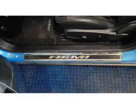 American Car Craft Carbon Fiber Door Sills w/HEMI Brushed Lettering w/White LED Illumination 2pc Dodge Challenger 2015-2024