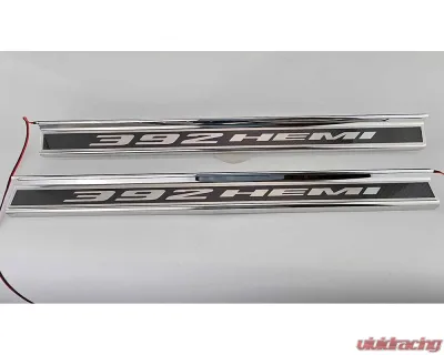American Car Craft Carbon Fiber Door Sills w/392 HEMI Brushed Lettering w/White LED Illumination 2pc Dodge Challenger 2015-2024 - ACC-151087-WHTL